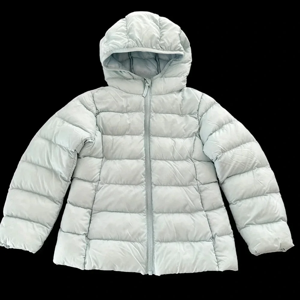Uniqlo Girls 3-4‎ Aqua Blue zip up Quilted Puffer Jacket Hood Winter Packable